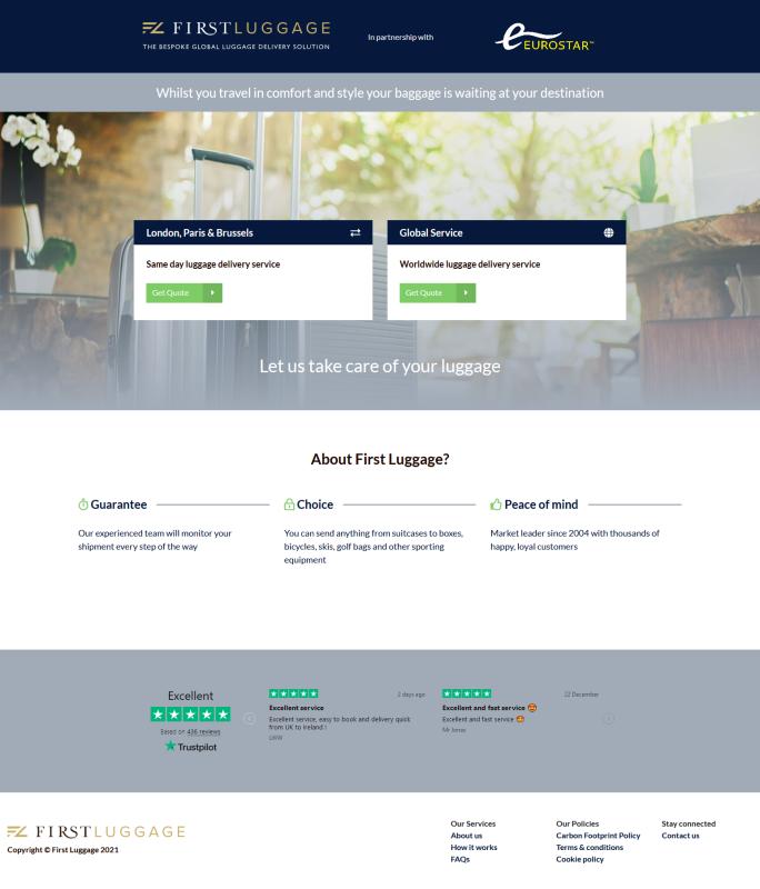 Eurostar Luggage Delivery branded booking platform screenshot