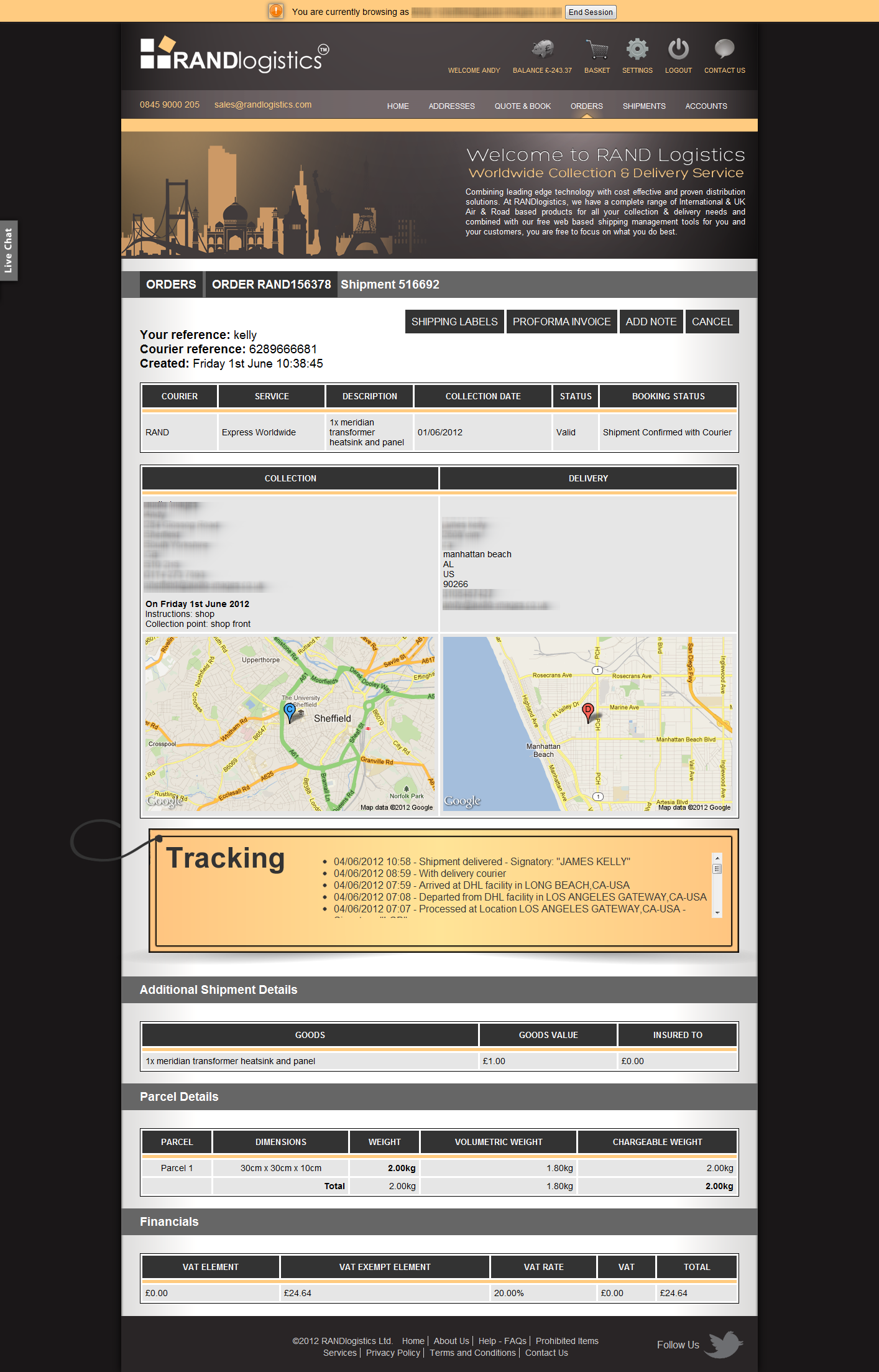 RAND Logistics shipment detail and tracking interface