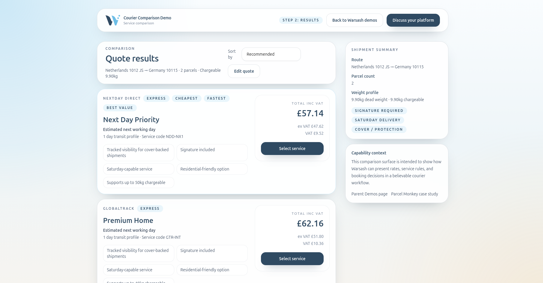 Courier Comparison and Booking demo showing quote comparison results