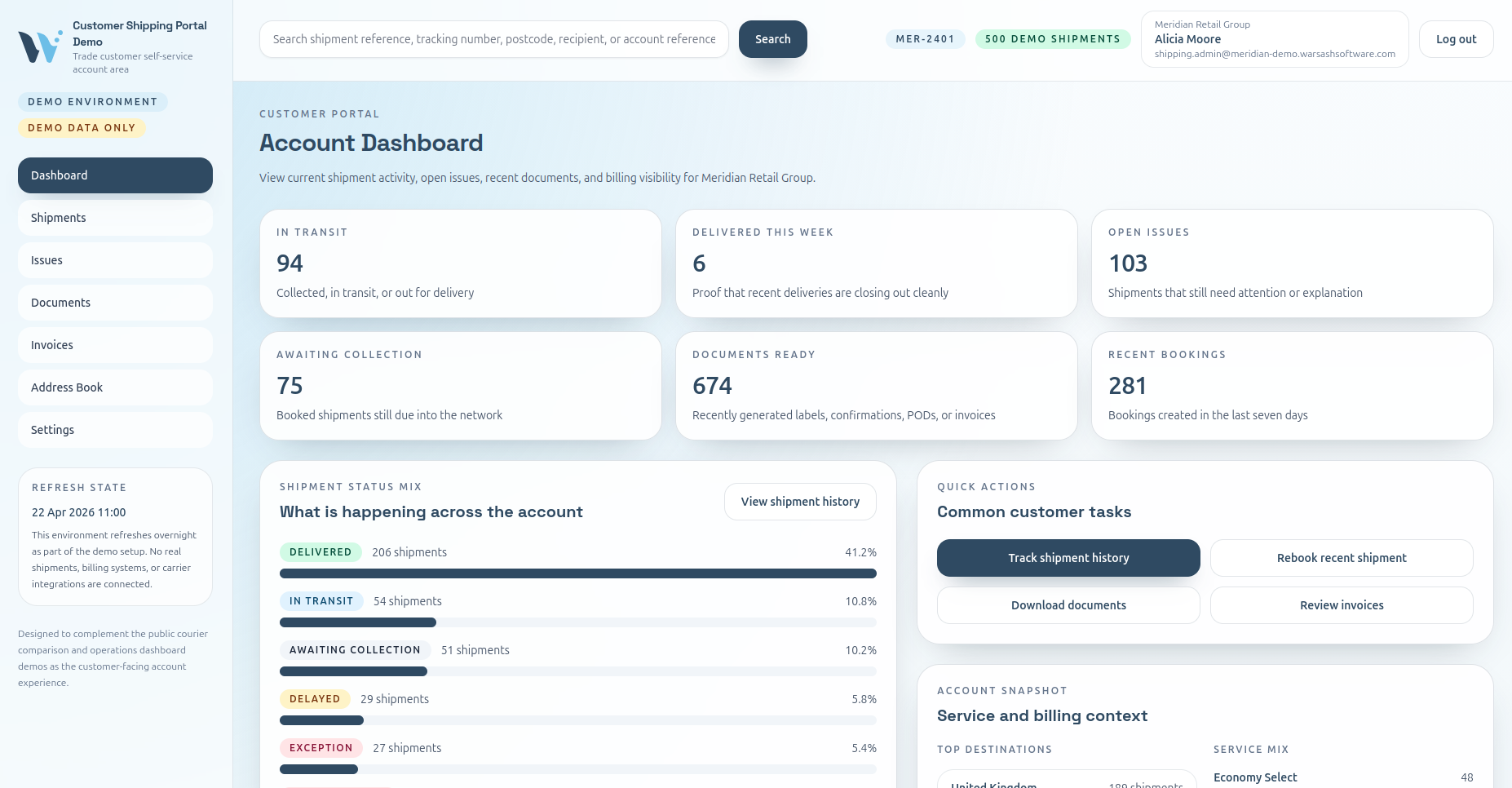 Customer Self-Service Shipping Portal demo showing shipment history and account tools