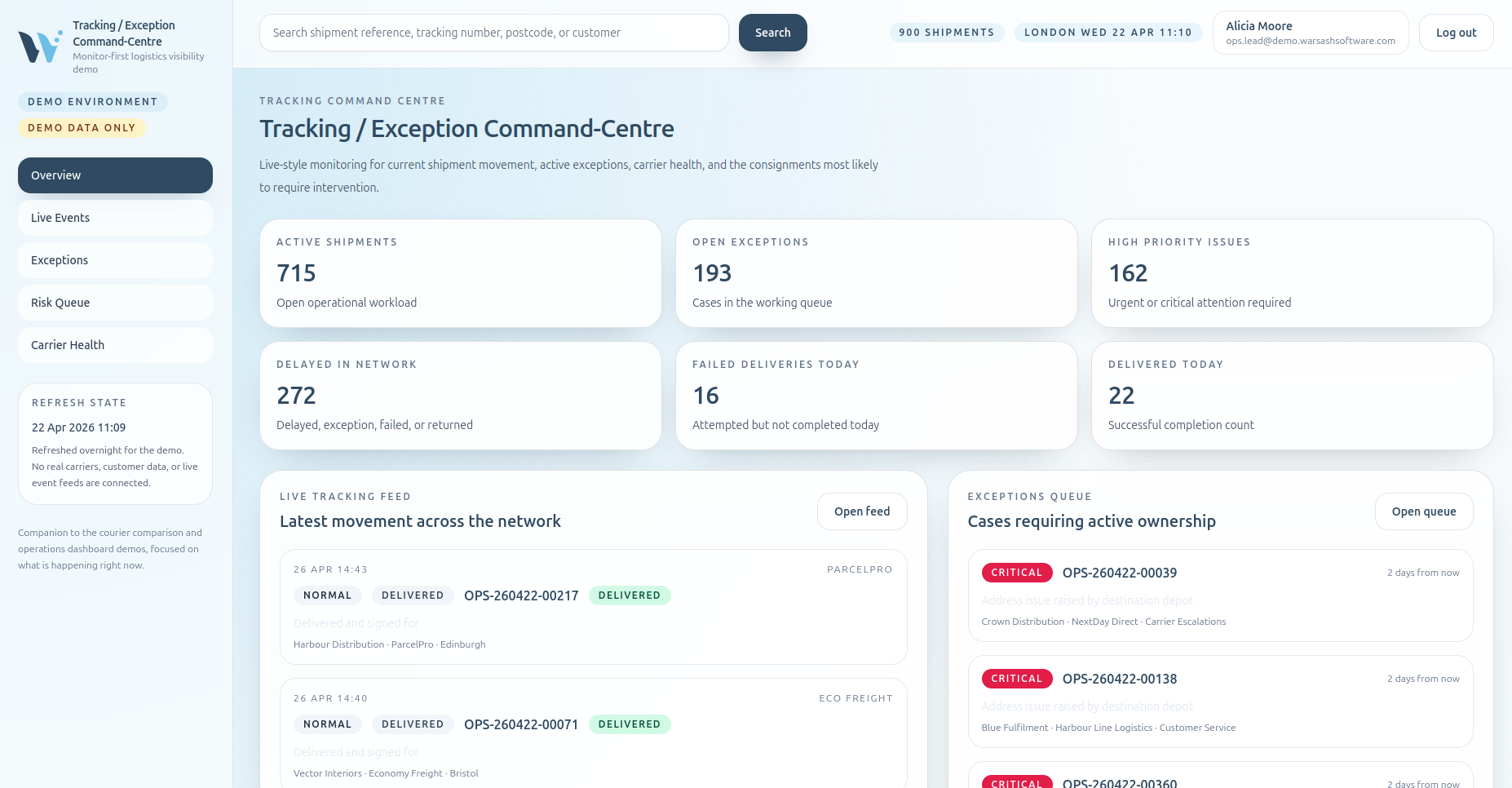 Tracking and Exception Command-Centre demo showing live monitoring and exceptions